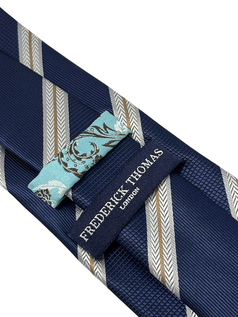 Navy dark blue tie with  bronze and white stripe